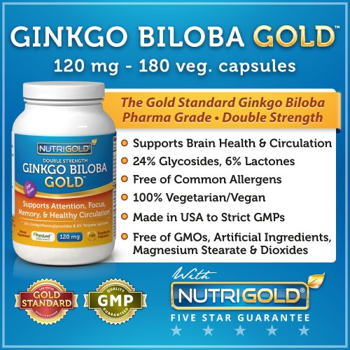 N ° 1 Extrait de Ginkgo Biloba - Double Force Ginkgo Biloba Or, 120mg, 180 capsules végétariennes