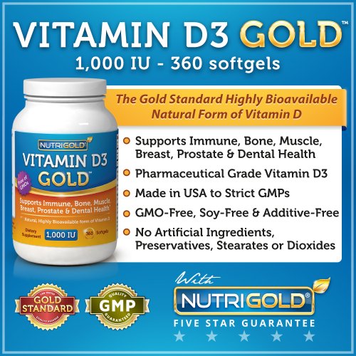 La vitamine D3 GOLD - 1000 UI, 360 gélules (sans OGM, sans conservateur, qualité USP vitamine D de source naturelle)