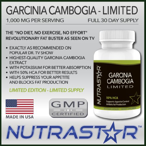 Garcinia cambogia limitée par NUTRASTAR - Premium Garcinia cambogia extrait avec du potassium - 1000mg par portion - 50% HCA - 60 capsules végétariennes - Full approvisionnement de 30 jours - Zéro charges - 100% Natural Weight Loss