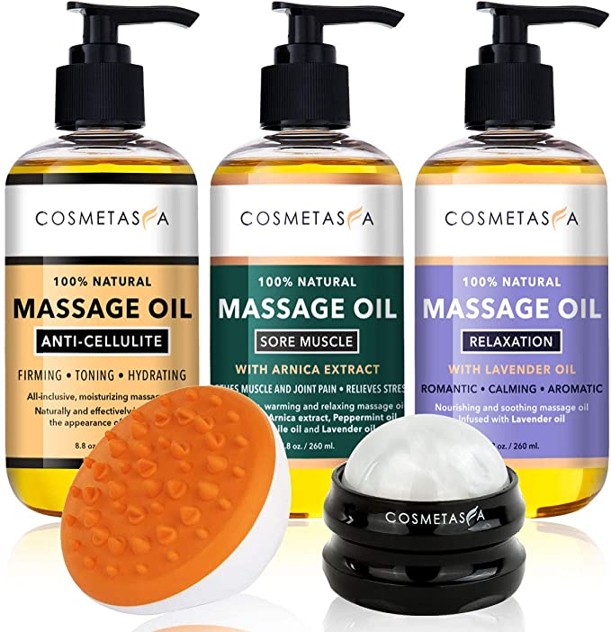ANTI CELLULITE SORE MUSCLE and LAVENDER RELAXATION MASSAGE OILS TREATMENT GIFT SET 3 BOTLES